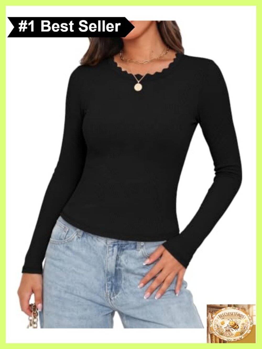 Scalloped Trim Long Sleeve Ribbed Knit Fitted Crew Neck Top